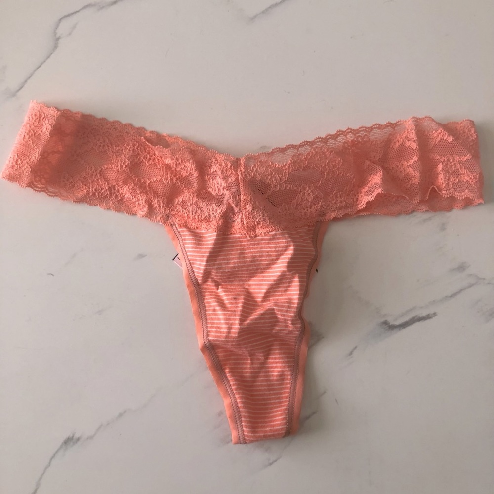 Lace Trimmed Striped Cotton Thong Panty Orange Size S